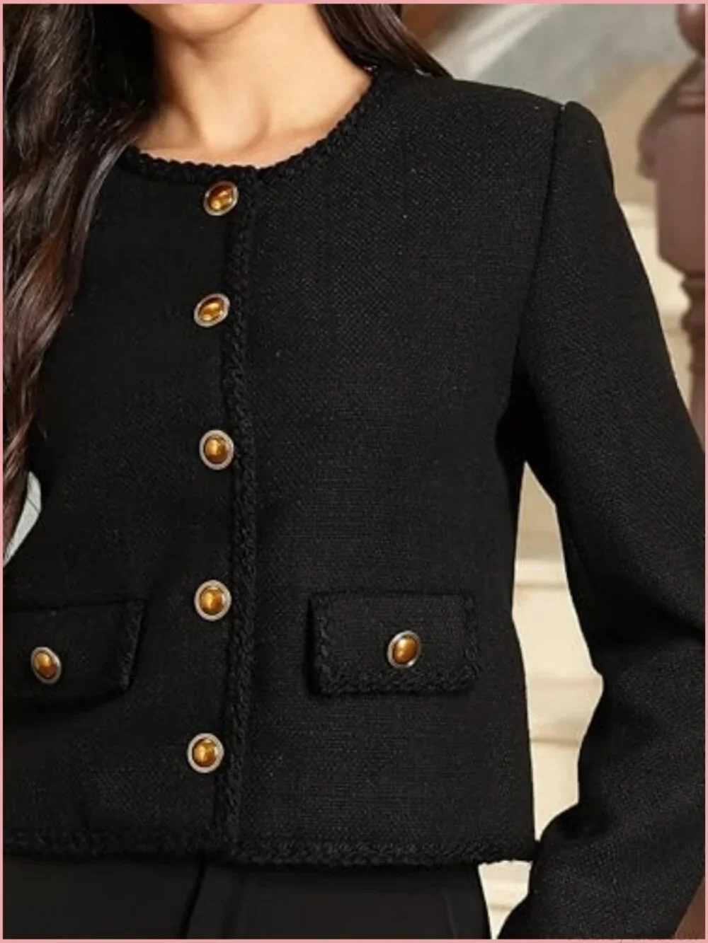 Cropped Tweed Blazer with Pockets Collarless Casual Button Down Jacket
